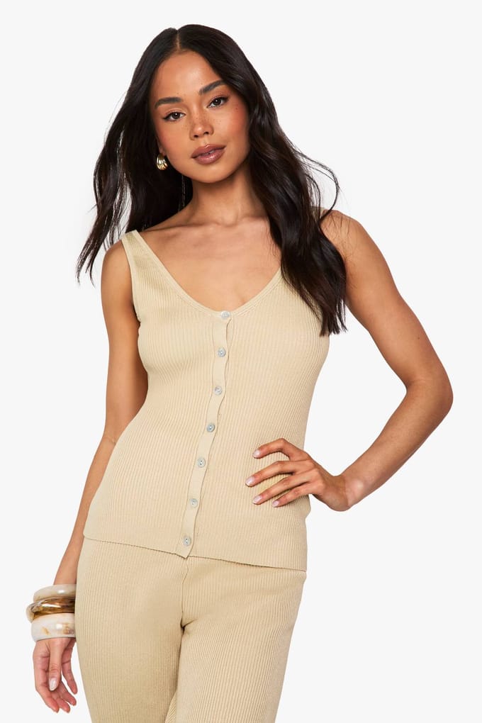 boohoo Dames Gebreide vest en wijde broek | Stone | Maat: Small