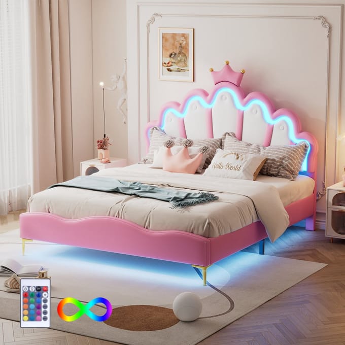 STILVORA Kinderbedden 90x200 cm - Eenpersoonsbed Met LED En Kronen Hoofdbord - Modern Gestoffeerd Bed - MDF - Wit