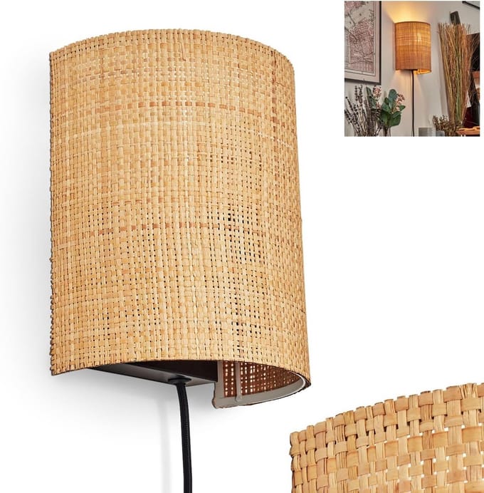 Wandlamp Zwart Metaal met Naturel Bast – UP & Down Lichteffect – Inclusief Snoer en Schakelaar – E27 Fitting