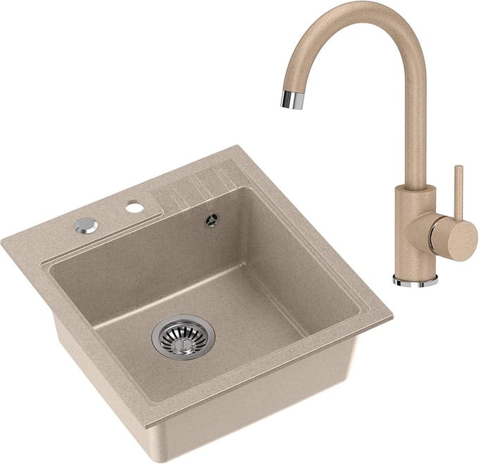 Inbouw Composietspoelbak met Armatuur 52 x 50 cm Beige Ovaal