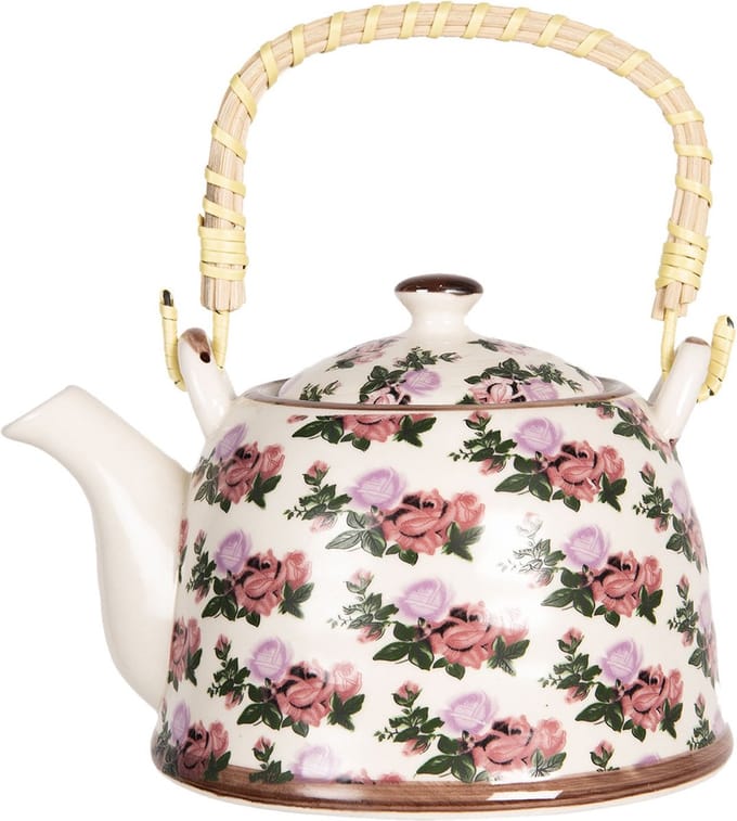 Clayre & Eef Theepot met Filter 600 ml Beige Roze Porselein Bloemen