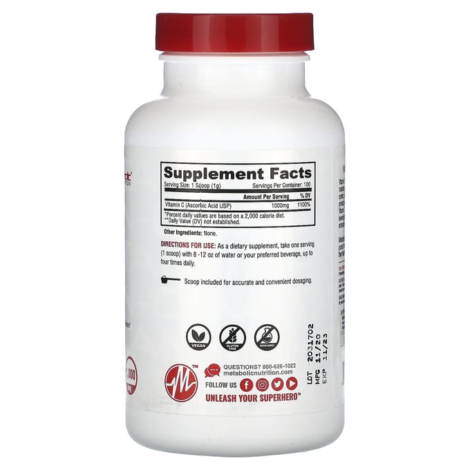 Metabolic Nutrition, Vitamine-C, Ongezoet, 1.000 mg, 3,52 oz (100 gr)