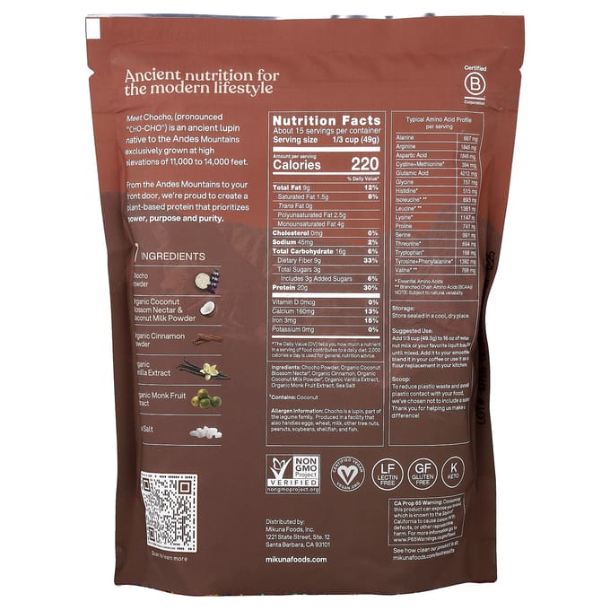 MIKUNA, Chocho Plantaardig Eiwitpoeder, Kaneel Horchata, 735g (1,62 pond)
