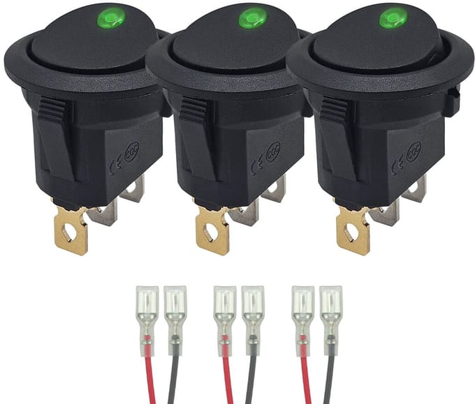 ProRide Wipschakelaar ON-OFF KCD2-12 - met Aansluitkabels - 3 pins - Rond - 12V/20A - LED indicator Groen - 3 stuks