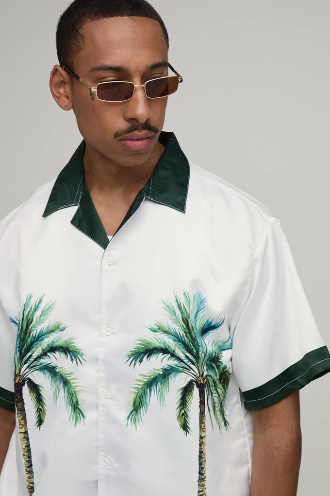 Oversized Shirt Met Korte Mouw En Short Set Met Locatieprint In Satijn | Green | Size Medium