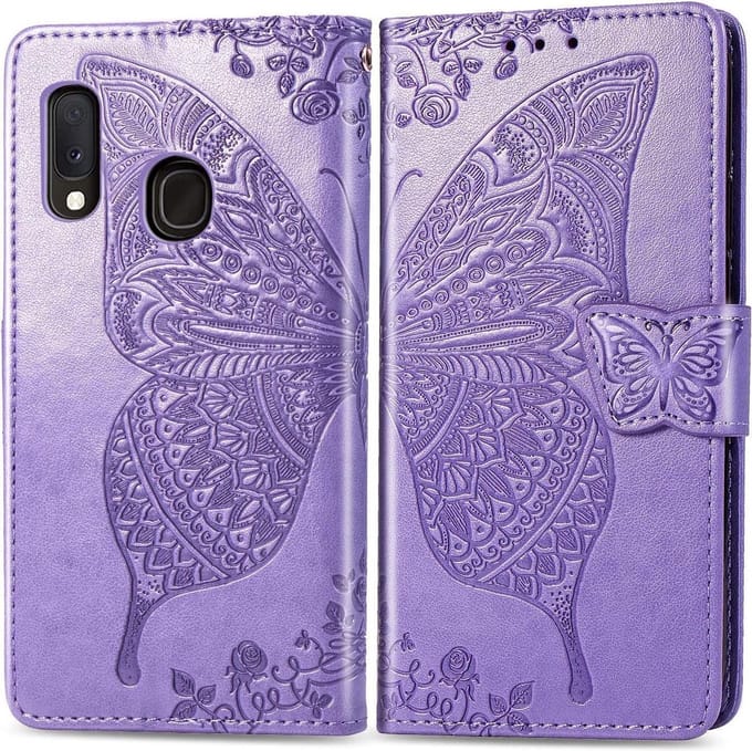 Geschikt voor Samsung Galaxy A40 Bookcase - Paars - Vlinders - Portemonnee Hoesje
