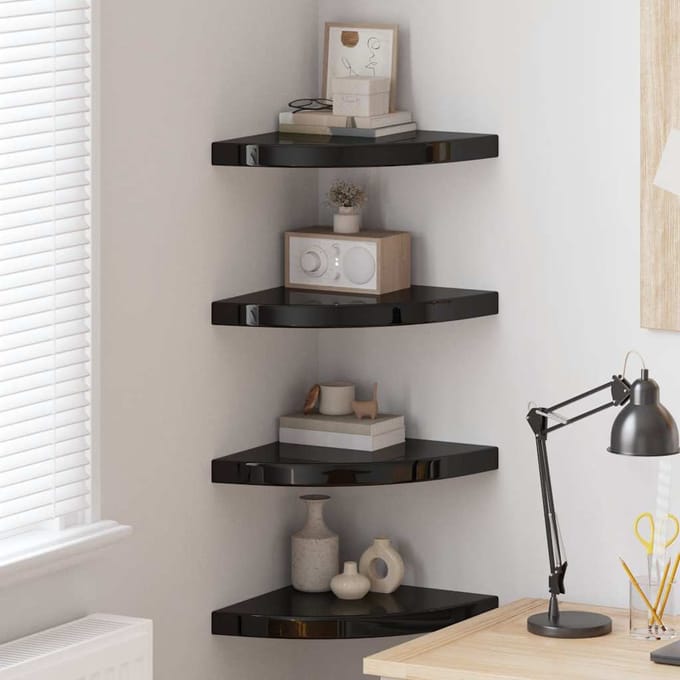 vidaXL - Hoekschappen - zwevend - 4 - st - 35x35x3,8 - cm - MDF - hoogglans - zwart