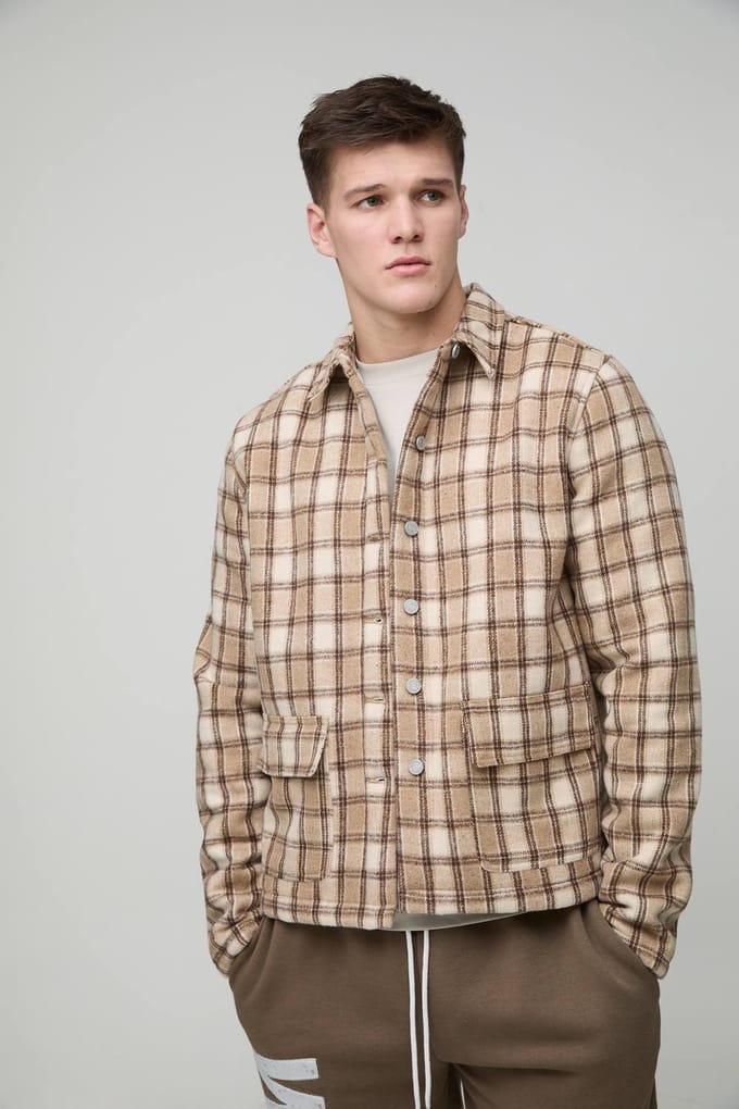 Tall Borg Lined Brushed Check Oversized Overshirt | Stone | Size Small