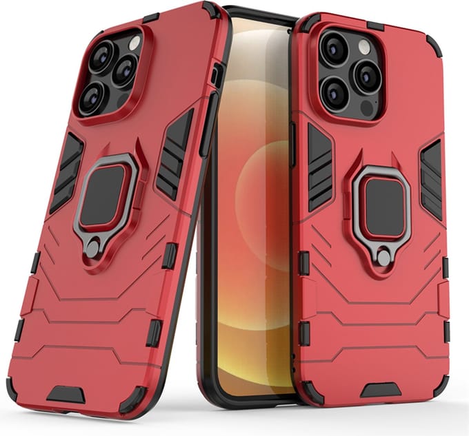 MobyDefend Hoesje - Geschikt voor iPhone 14 - Dubbelgelaagde Pantsercase Met Standaard - Rood