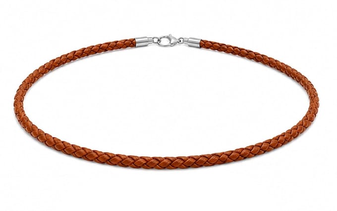 AuBor ®. Gevlochten leren ketting met zilveren sluiting. Cognac. 4mm × 55cm