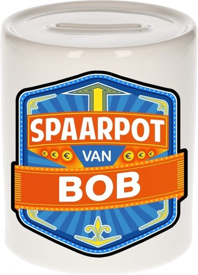 Bellatio Decorations Kinder spaarpot met naam - Bob - keramiek - met dop - wit - Sparen - Spaargeld van Bob