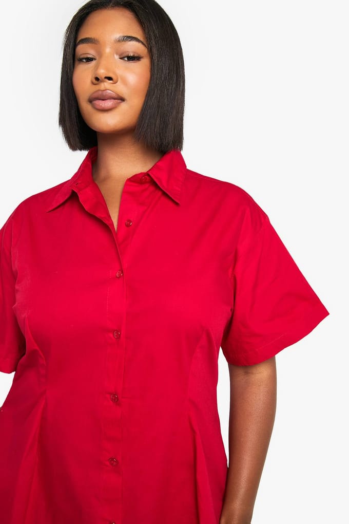 boohoo Dames Plus Poplin getailleerde overhemdjurk | Rood | Maat: 44
