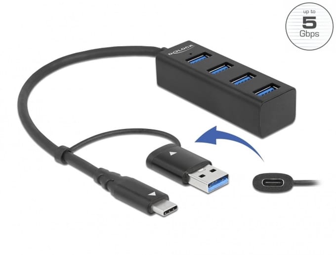 Delock 63828 63828 USB-hub 2 + 2 poorten USB-A USB 3.2 Gen1 5 GBit/s Met USB-C stekker Zwart