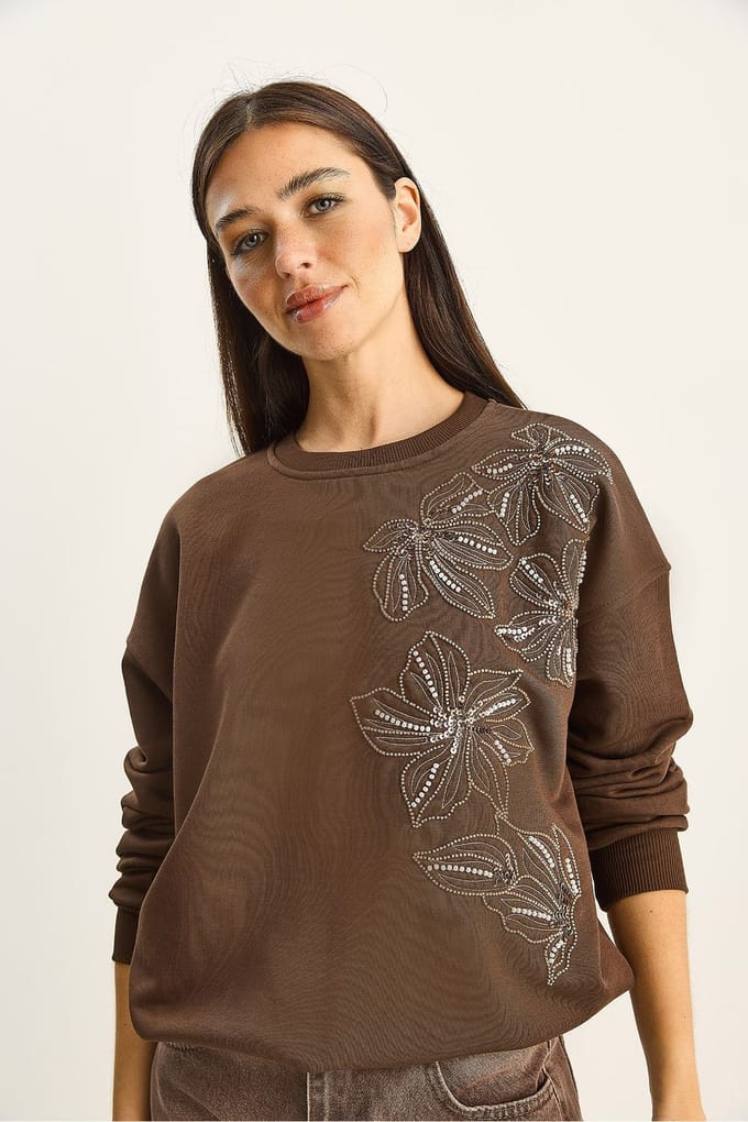 Bloemrijke Versierde Ronde Hals Relaxe Fit Sweatshirt