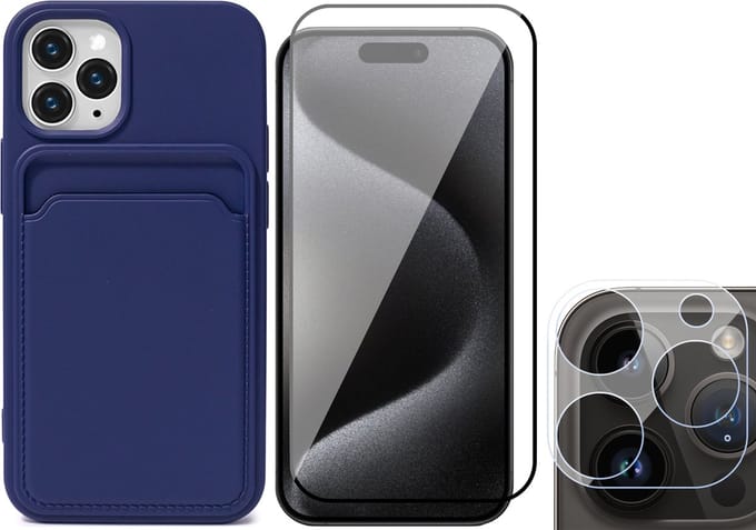 Hoesje Pasjeshouder geschikt voor iPhone 15 Pro - Screenprotector FullGuard + Camera Lens Screen Protector - Siliconen Case Back Cover Blauw
