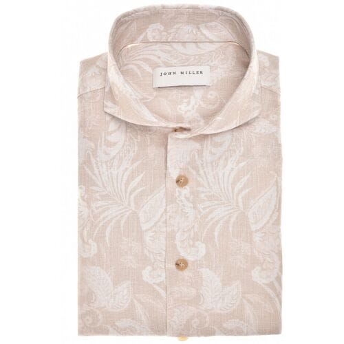 John Miller Overhemd Cutaway Linnen Cotton Fantasy Leaves Pattern Sandy / male