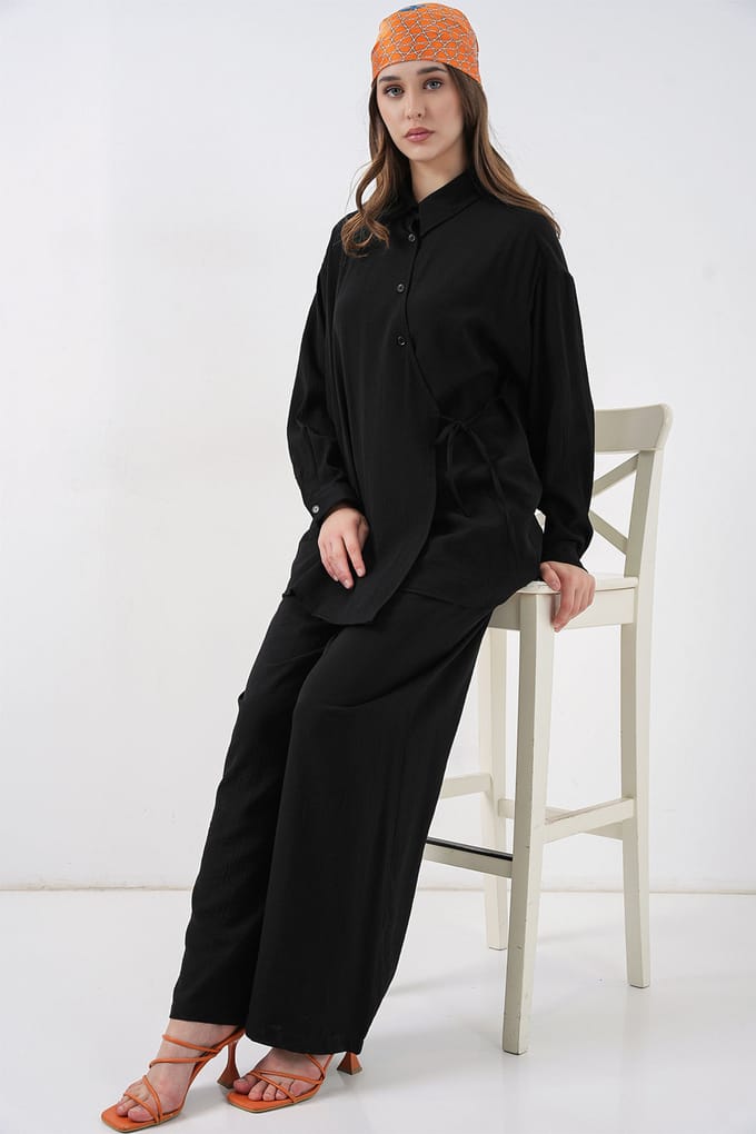 Tunic-pantalonset met strikdetail en kraag