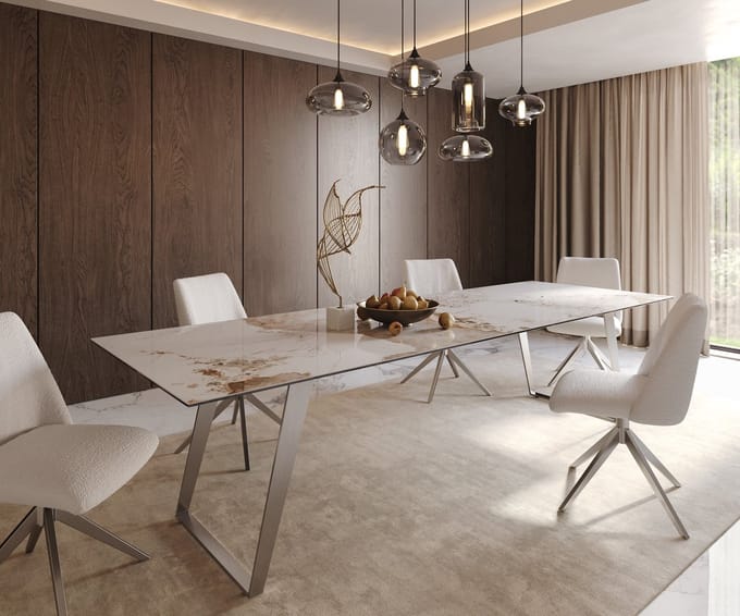 Eetkamertafel Edge keramiek Minas Melange wit-beige 300x100 RVS schuin