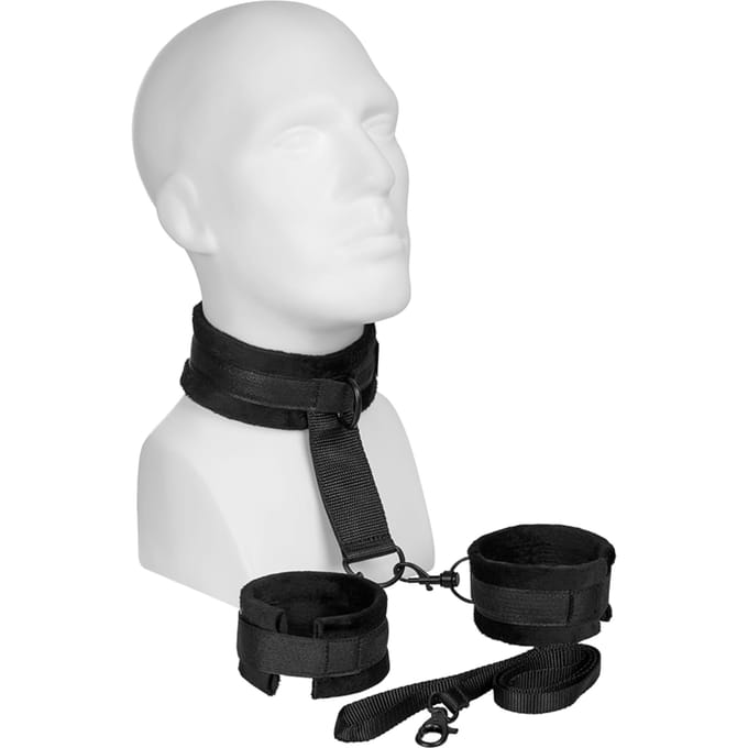 Rimba - Soft Bondage Collar Met handboeien En leiband - Zwart