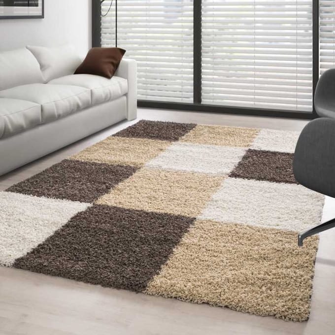 TapisTrend Harig tapijt Bruin-wit-beige 80x150 cm Hoogpolig vloerkleed met ruitpatroon
