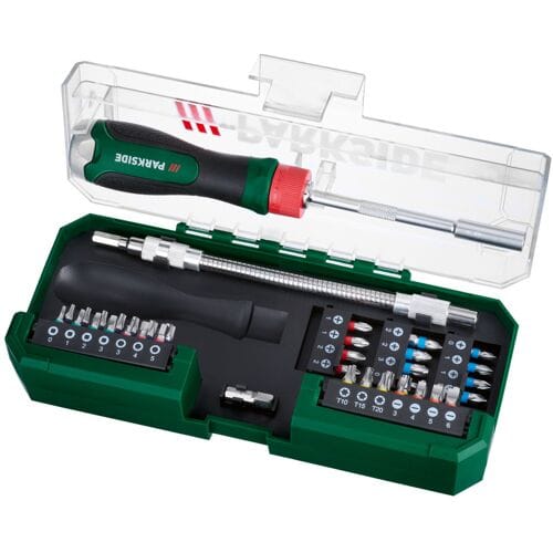 PARKSIDE® Ratelschroevendraaier- en bitset 43 delig - 6,3 mm ratelschroevendraaier met ergonomische greep