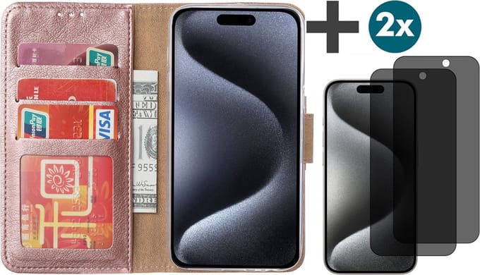 Hoesje met Privacy Screenprotectors 2 Stuks Geschikt voor iPhone 15 Pro Max – Arara bookcase met pasjeshouder - Rosegoud