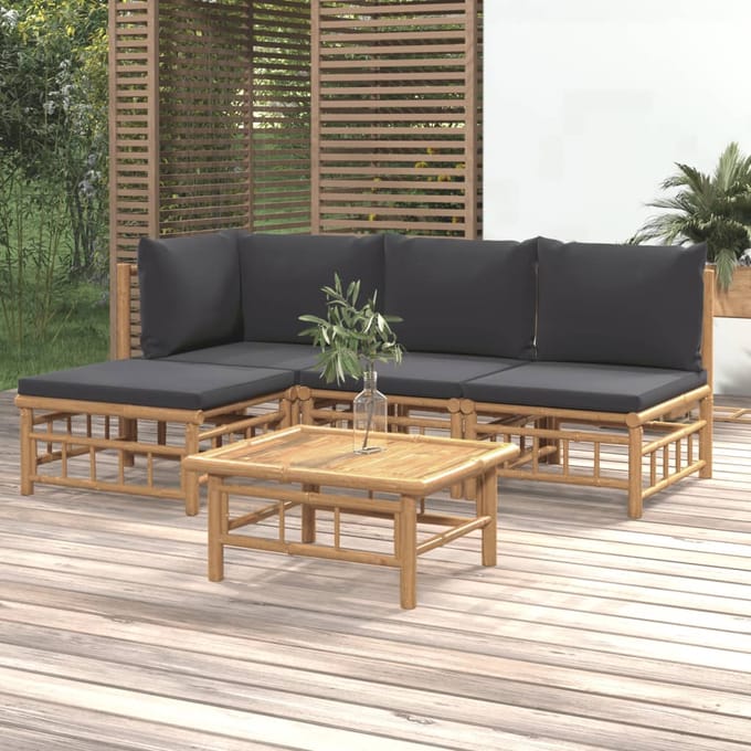 vidaXL - 5-delige - Loungeset - met - kussens - bamboe - donkergrijs