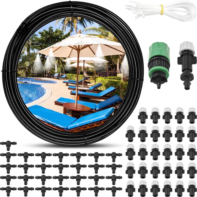 Système de refroidissement par brumisation d'eau pour extérieur, 131 pi (40M) Ligne de brumisation/16 buses de brumisation en laiton/3/4   en laiton 30m EU plug