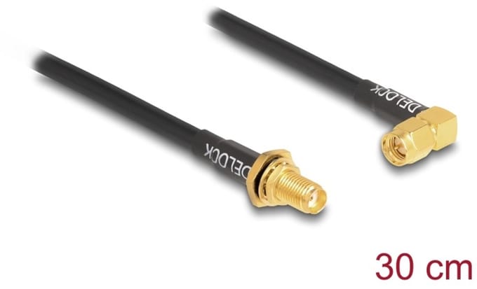 Delock Antenna Cable SMA jack bulkhead splash proof to SMA plug 90° RG-58 30 cm