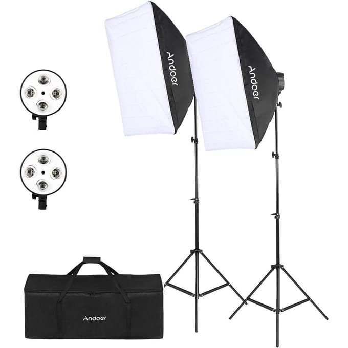 Andoer Studio Fotografie Kit Softbox Verlichtingsset met 50x70cm Softbox * 2 + 4in1 Lampfitting * 2 EU Plug white