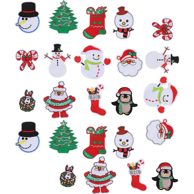 24 Stuks Kerst Patches Borduurwerk Stoffen Stickers Kerstman Sneeuwpop DIY Strijkpatch white