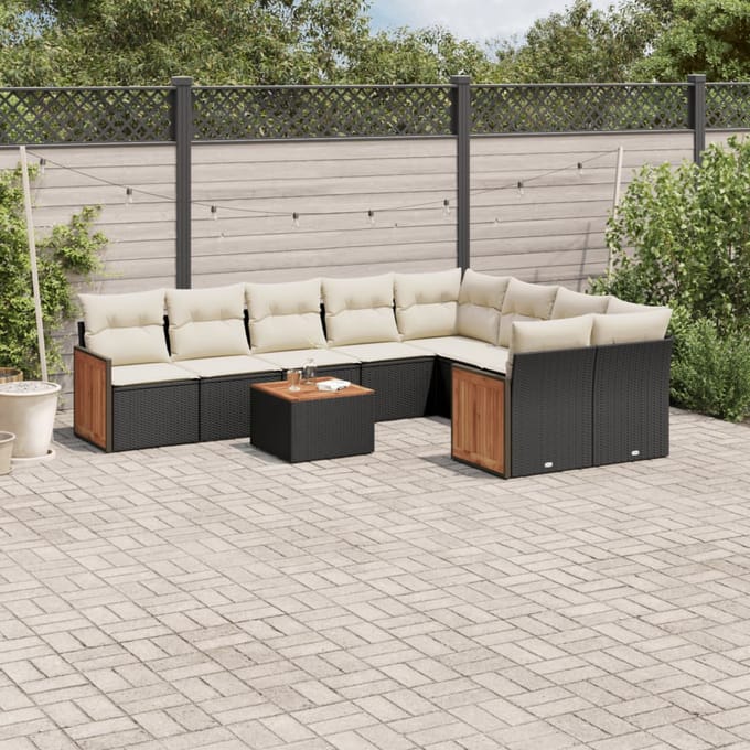 vidaXL - 10-delige - Loungeset - met - kussens - poly - rattan - zwart