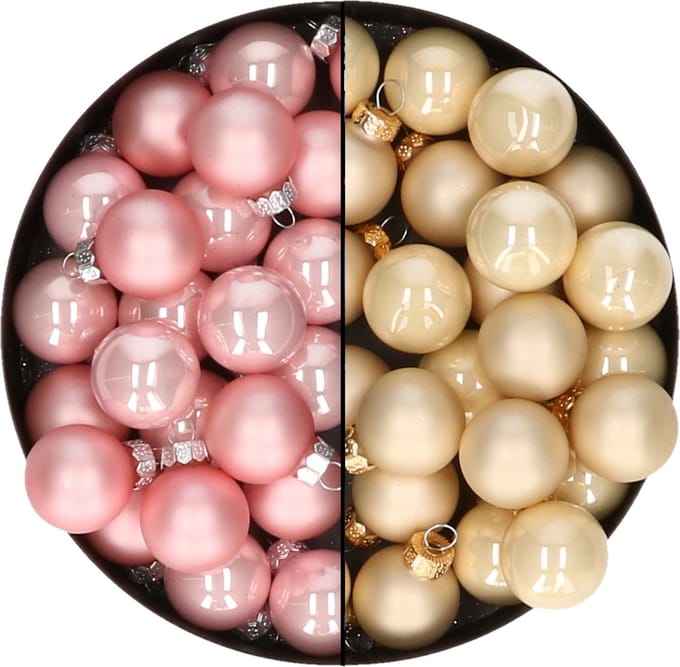 Mini kerstballen - 48x st - champagne en lichtroze - 2,5 cm - glas - kerstversiering
