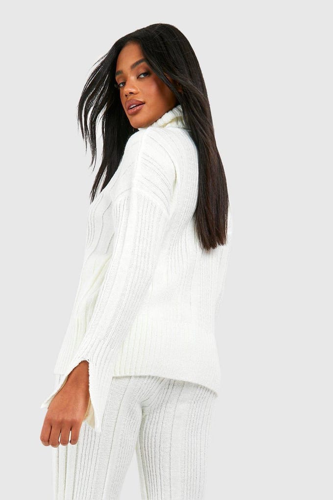 boohoo Dames Rolkraag zachte gemengde ribgebreide trui | Ecru | Maat: Medium