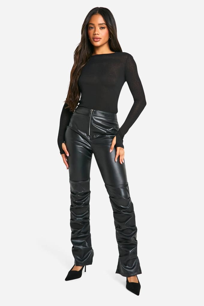 boohoo Dames Ruched Pu Zip Front Slim Fit Contour Broek | Black | Maat: 16