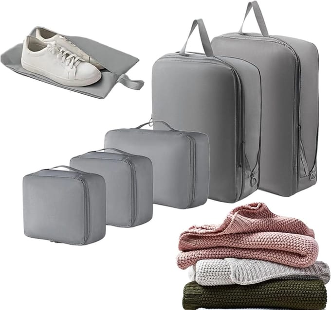 Opbergkubussen Set - Reisorganizers Kleding - Efficiënt Inpakken - Compressie Ontwerp - 6 Stuks - Grijs