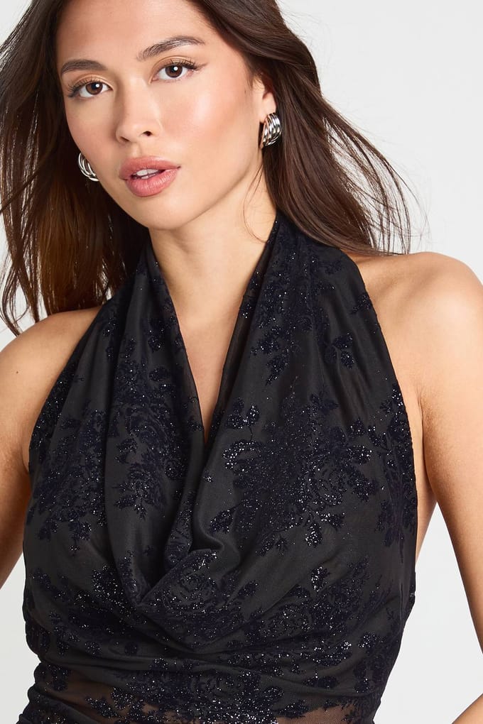 boohoo Dames Glinsterend gaas Extreme Cowl Neck Top | Zwart | Maat: 40