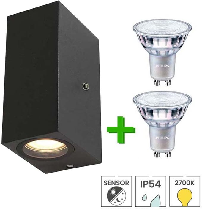 Lybardo - Buitenlamp met sensor dag en nacht - Wandlamp up & down - 2 x LED GU10 Philips - Warmwit licht