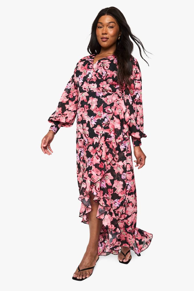 boohoo Dames Plus Floral Ruffle Wrap Maxi Jurk | Roze | Maat: 46