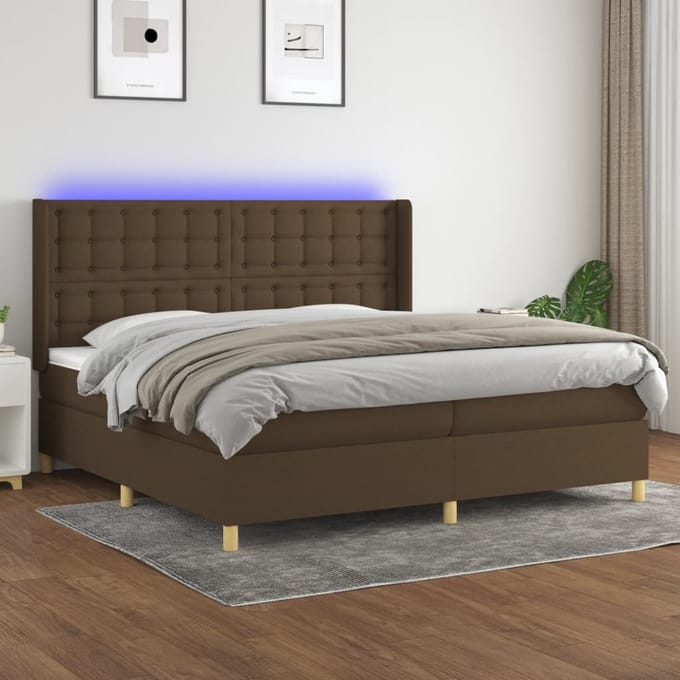 vidaXL - Boxspring - met - matras - en - LED - stof - donkerbruin - 200x200 - cm