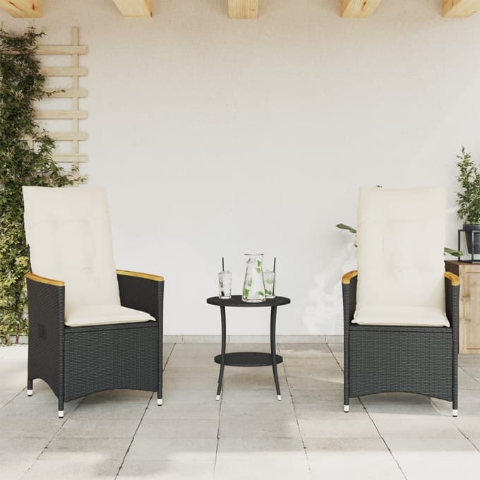 vidaXL - 3-delige - Bistroset - met - kussens - poly - rattan - zwart