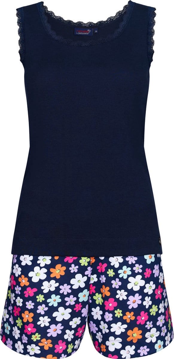 Donkerblauwe shortama bloemen Rebelle - Blauw - Maat - 36