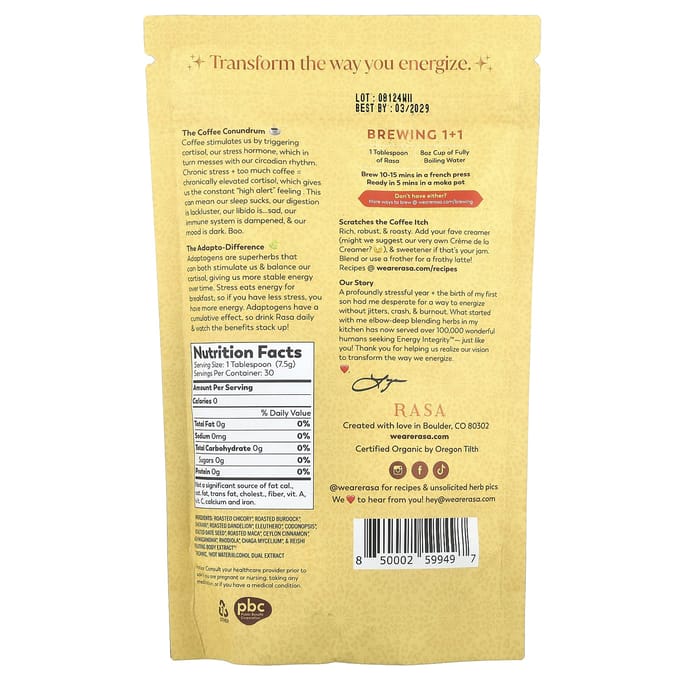 Rasa, Herbal Coffee Substitute with Adaptogens, Original, 8 oz (226 g) beige