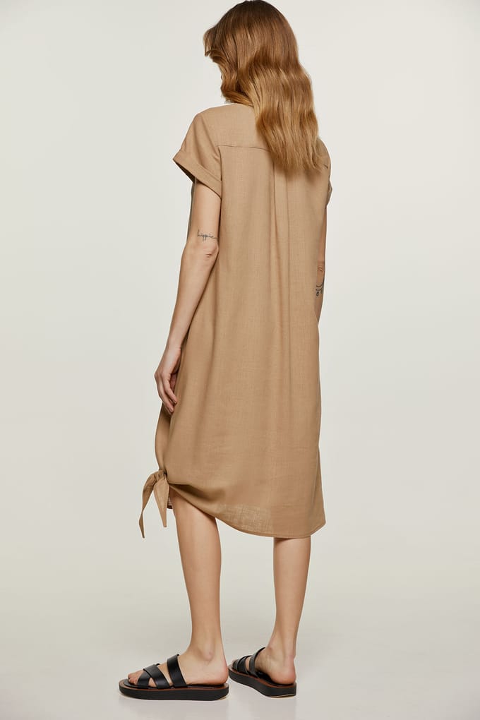 Beige Midi Jurk met Strikdetail
