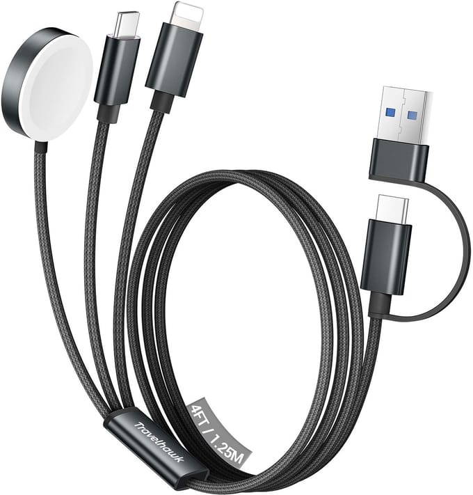 Travelhawk 3-in-1 Multi USB Kabel - USB-C, Lightning, Apple Watch Oplader - 120 W Snellader - Geschikt voor iPhone, Samsung, Xiaomi