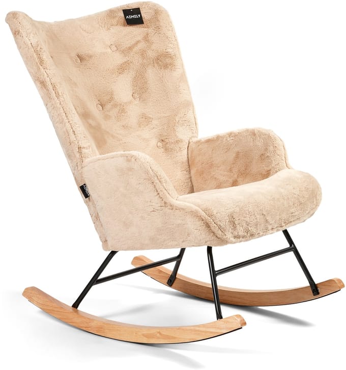 Aemely® Schommelstoel 'Mama' - Beige Imitatiebont, Blank Hout