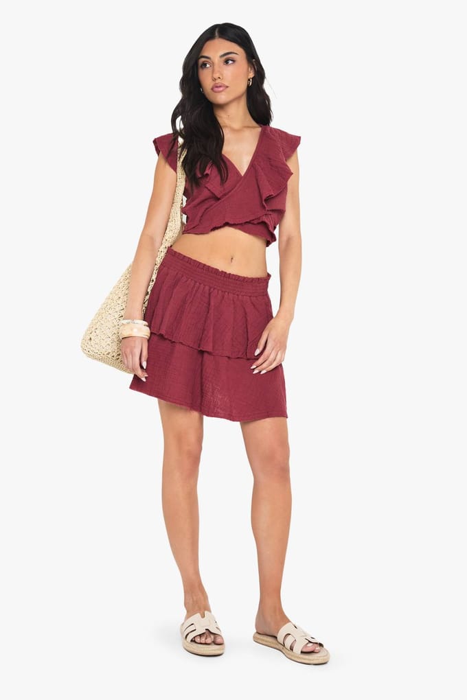 boohoo Dames Cheesecloth Dubbele Laag Ruffle Rara Mini Rok | Red | Maat: 12