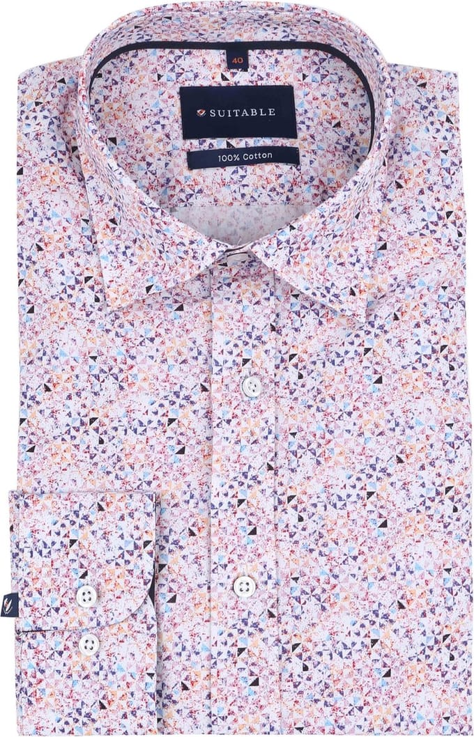 Suitable Overhemd Mosaic Print Roze - Maat 38 - Heren - Overhemden Formeel
