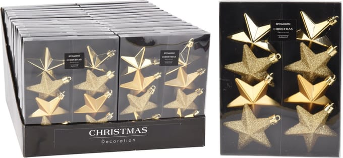 Kerstbal onbreekbaar ster 6.50cm 8 stuks goud decoratie.