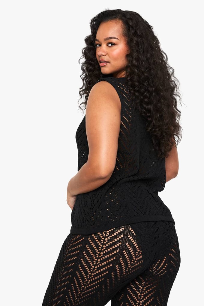 boohoo Dames Plus Beach Gebreide Top Met Bandknoop Front | Black | Maat: 26